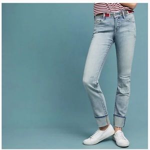 Anthropologie Pilcro Slim Straight Embroidered Waist Light Wash Boho Jeans